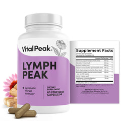 Vital Peak Lymph Peak bottle front shows clean label and vegan formula.