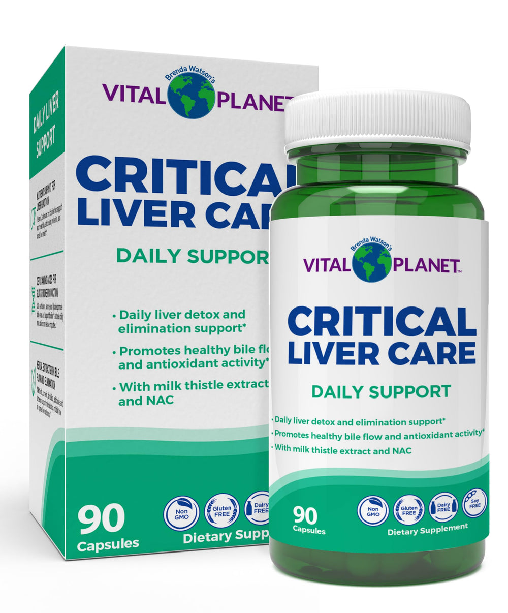 Vital Planet Critical Liver Care bottle pouring capsules for daily detox support.