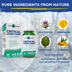 Vital Planet Critical Liver Care label detail emphasizing purity and non-GMO formula.