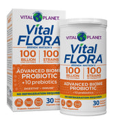 Vital Planet Vital Flora advanced probiotic bottle front promotes daily gut balance