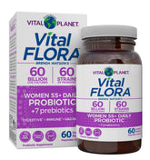 Vital Planet Vital Flora Women 55+ bottle front showing diverse probiotic blend for gut balance
