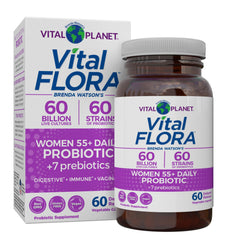 Vital Planet Vital Flora Women 55+ bottle front showing diverse probiotic blend for gut balance