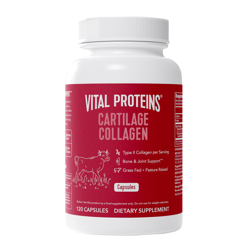 Vital Proteins Cartilage Collagen Pills bottle closeup highlighting joint support.