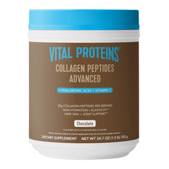 Vital Proteins Collagen Peptides Advanced chocolate tub; supports healthy hair and skin when added to drinks.