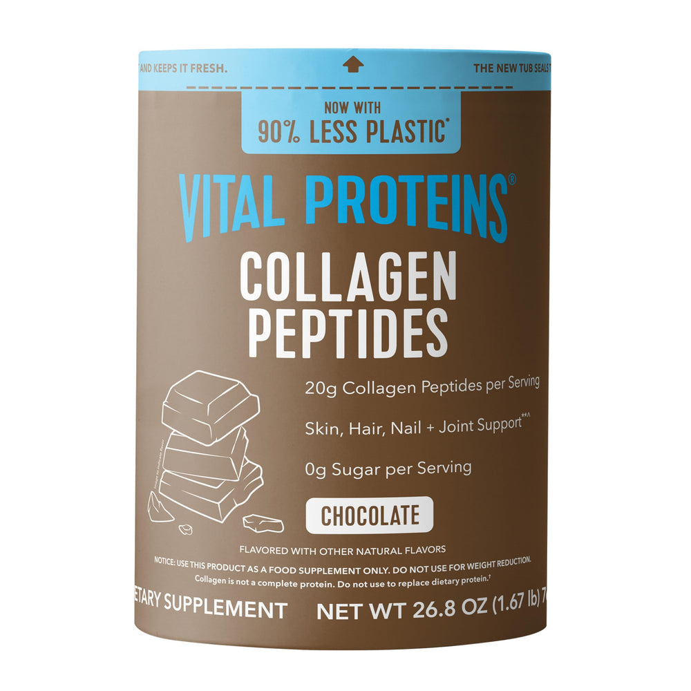 Vital Proteins Collagen Peptides Chocolate bottle shows grass-fed sourcing for daily use.