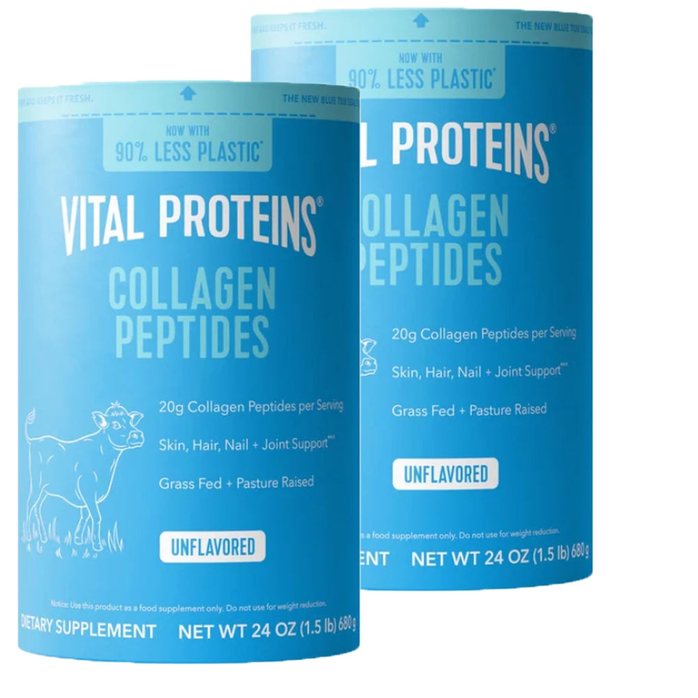 Vital Proteins Collagen Peptides front label highlights grass-fed paleo friendly formula for daily wellness support.