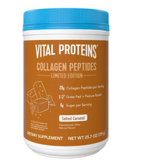 Vital Proteins collagen peptides salted caramel tub on a counter highlighting skin hydration potential