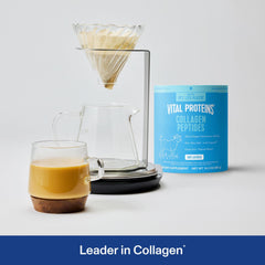 Vital Proteins Collagen Peptides unflavored powder being poured into a glass for easy blending.