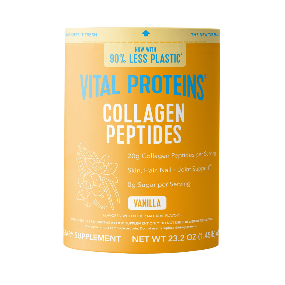 Vital Proteins Collagen Peptides Vanilla jar on kitchen shelf promoting healthy hair and skin.