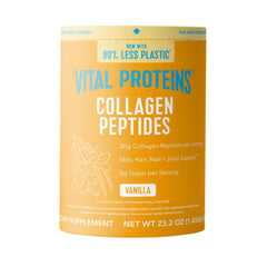 Vital Proteins Collagen Peptides Vanilla jar on kitchen shelf promoting healthy hair and skin.