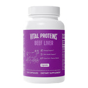 Vital Proteins grass-fed beef liver capsules bottle on counter, highlighting 750mg per serving for daily energy