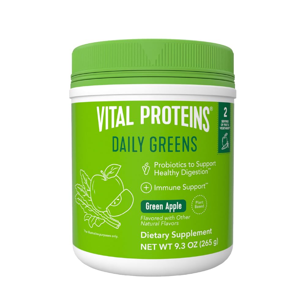 Vital Proteins Green Apple Daily Greens bottle front view for easy daily greens and apple flavor.