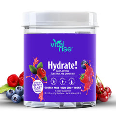 Vital Rise Hydrate Berry Blast packet pouring into water for quick hydration