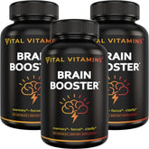 Vital Vitamins Brain Booster bottle highlighting caffeine-free focus support