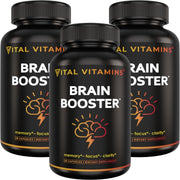 Vital Vitamins Brain Booster bottle highlighting caffeine-free focus support