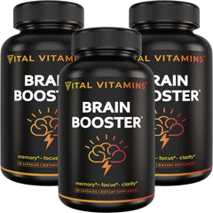Vital Vitamins Brain Booster bottle highlighting caffeine-free focus support