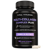 Vital Vitamins Multi Collagen Complex bottle pouring capsules for daily beauty support