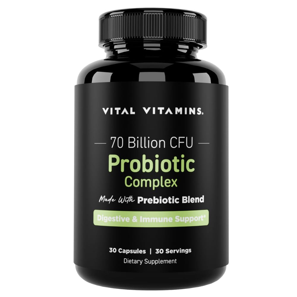 Vital Vitamins Probiotic Complex bottle showing 70 billion CFU potency for gut balance