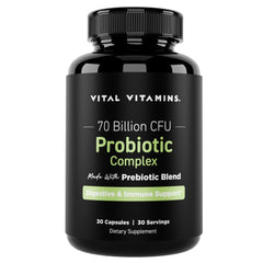 Vital Vitamins Probiotic Complex bottle showing 70 billion CFU potency for gut balance
