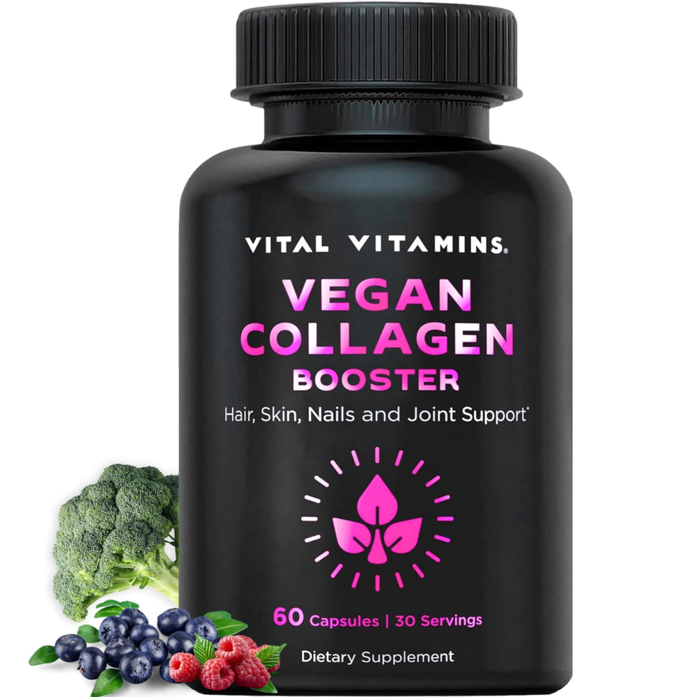 Vital Vitamins Vegan Collagen Booster bottle showing vegan formula for hair and skin support