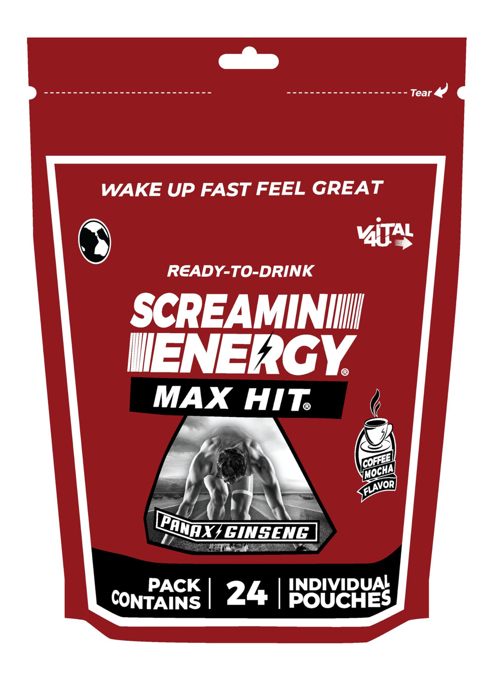 VITAL 4U Screamin Energy Max Hit front label boosts quick on-the-go energy.