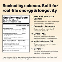Closeup of VitalForm label highlights NMN, NR, and antioxidants.