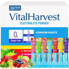 VitalHarvest electrolyte packets lemon lime for on-the-go hydration during workouts.