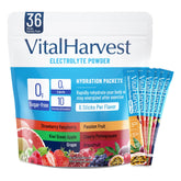 VitalHarvest 36 sticks hydration packet dissolving in water with strawberry raspberry flavor for quick refreshment