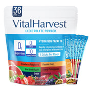 VitalHarvest 36 sticks hydration packet dissolving in water with strawberry raspberry flavor for quick refreshment