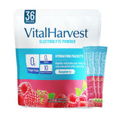 VitalHarvest 36 Sticks Raspberry packets ready for on-the-go hydration.