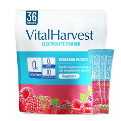 VitalHarvest 36 Sticks Raspberry packets ready for on-the-go hydration.