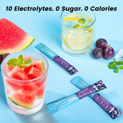 VitalHarvest grape packets dissolving in water refreshing hydration after workouts