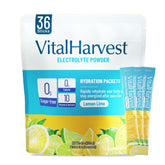 VitalHarvest lemon-lime electrolyte packet ready for on-the-go hydration.