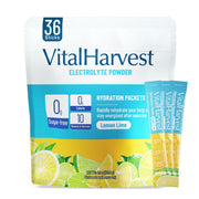 VitalHarvest lemon-lime electrolyte packet ready for on-the-go hydration.