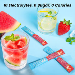 VitalHarvest strawberry-flavor hydration powder in a glass with ice