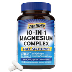 Vitalibre 10-in-1 Magnesium bottle front highlighting comprehensive daily mineral support.