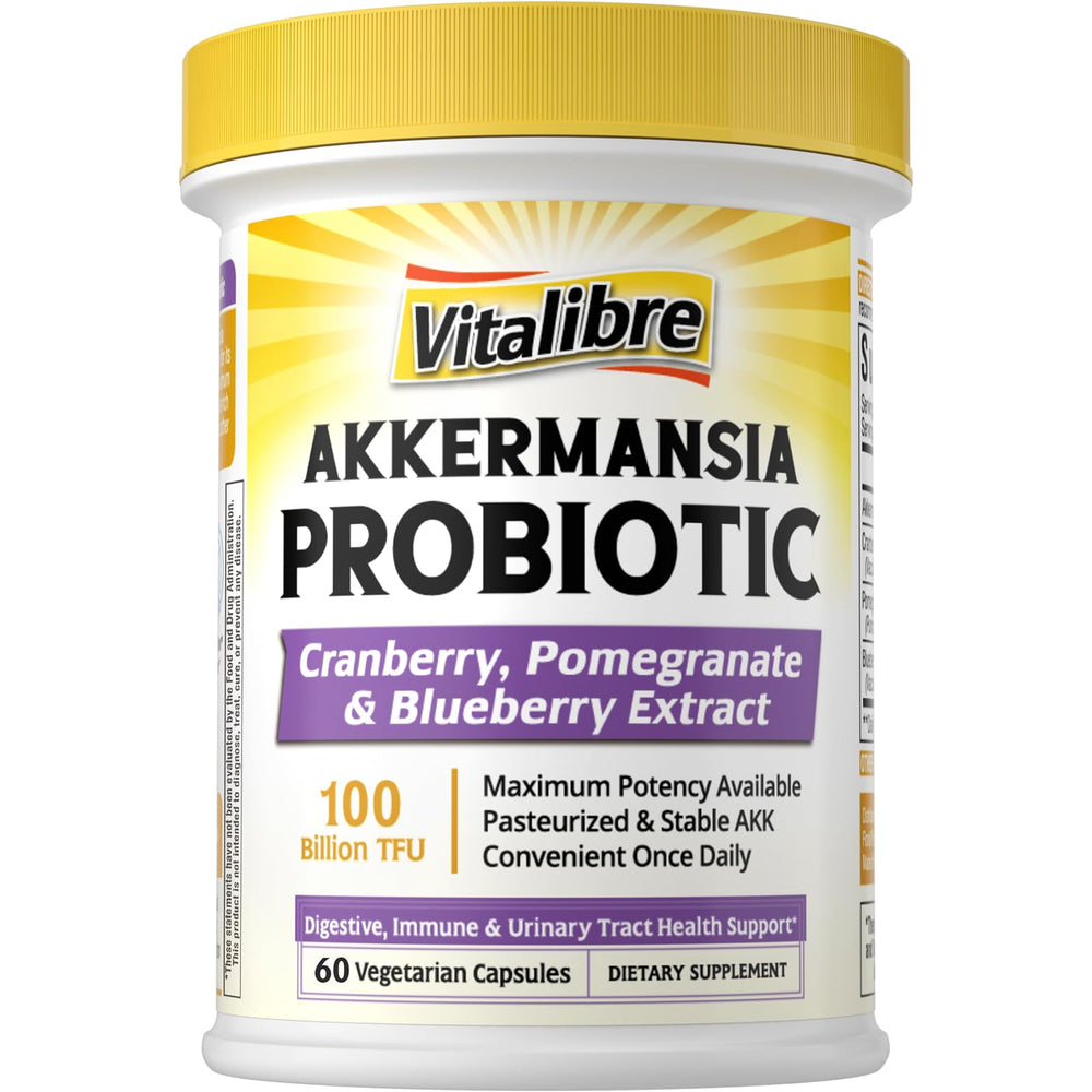 Vitalibre Akkermansia Probiotics bottle front shows 100B TFU for digestion.
