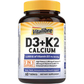 Vitalibre D3 K2 Calcium bottle front promotes bone health and daily wellness