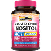 Vitalibre Inositol capsules bottle displays 80 vegan capsules for hormonal balance.