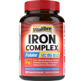 Vitalibre Iron Complex bottle front showing vegan, clean formula for daily energy support.