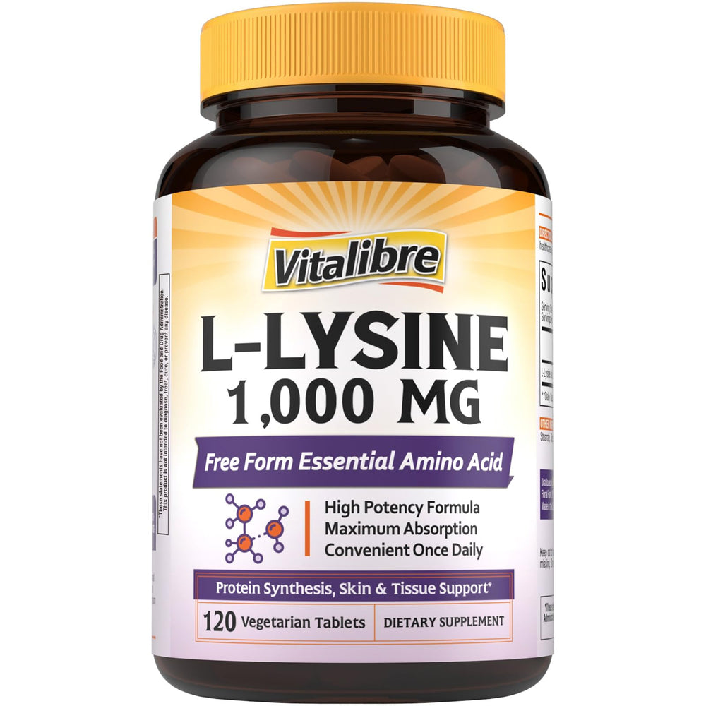 Vitalibre L-Lysine 1000 mg tablet on white background, emphasizing high potency for immune support.