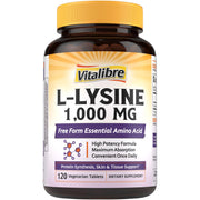 Vitalibre L-Lysine 1000 mg tablet on white background, emphasizing high potency for immune support.