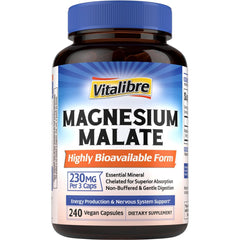 Vitalibre Magnesium Malate bottle front showing vegan formula for daily energy support.