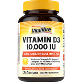 Vitalibre Vitamin D3 10,000 IU bottle with olive oil softgels on shelf highlight absorption