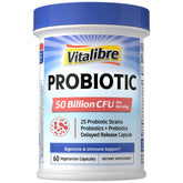 Vitalibre Probiotic bottle shows 50B CFU for daily gut balance.