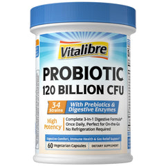 Vitalibre Probiotics bottle front shows 120B CFU for daily gut support