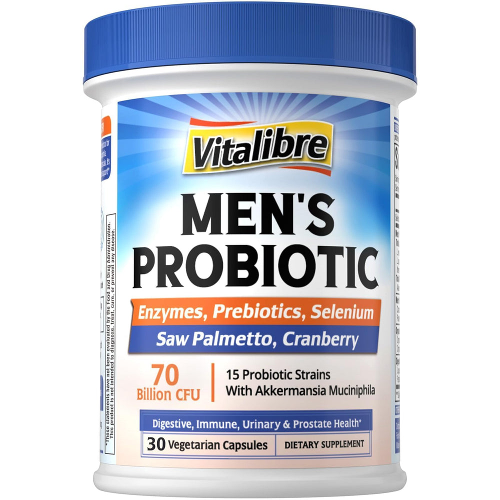 Vitalibre Probiotics for Men 70B CFU bottle promotes gut health and steady energy.