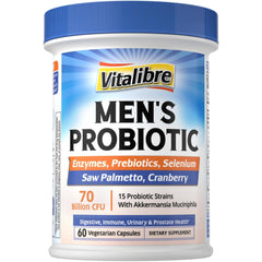 Vitalibre Probiotics for Men bottle front promotes daily digestive support.