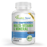Vitalité Now vegan multivitamin bottle front highlighting complete daily nutrition and vitality support.