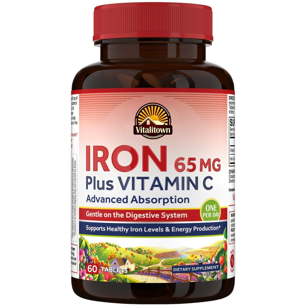 Vitalitown iron supplement bottle with capsules for energy support and iron absorption